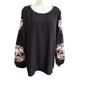 Unbranded Black Embroidered Blouse Size L Multicolor bohemian 70s hippie nwot